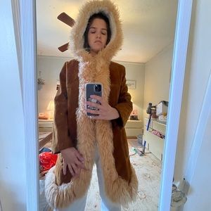 Vintage leather and fur hooded jacket